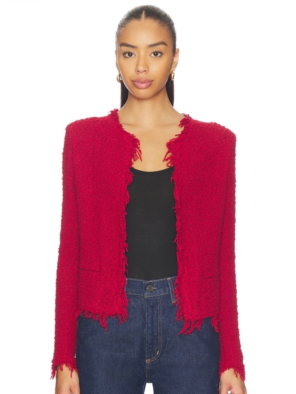 IRO shavani fringe tweed knit lipstick red jacket blazer raw edge frayed hem 40